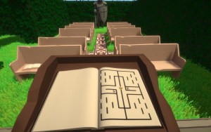 An outdoor church with pews lined up in the middle of hedges. On the pulpit is a book with a maze. At the far side is a statue of a knight.