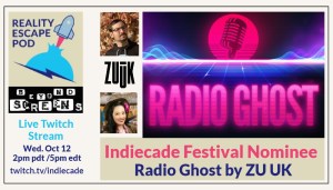 blue matrix with graphic of microphone in a pink circle, bottom says "radio Ghost" in pink letters. to the left of the image is a brown haired man with glasses and goatee, and underneath is a photo of an asian woman in a safari hat, smiling, with a pink flower in her hair.