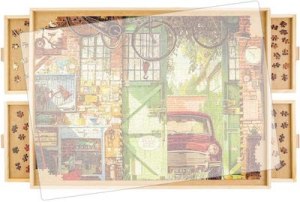 A large wooden puzzle table with 4 drawers and a translucent cover.