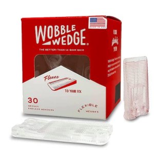 Wobble Wedge box, with clear furniture shims beside it.