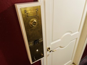Closeup of an antique apartment doorbell beside a door.