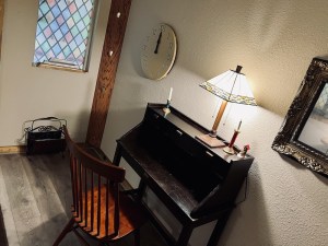 An old writing desk in a small office.
