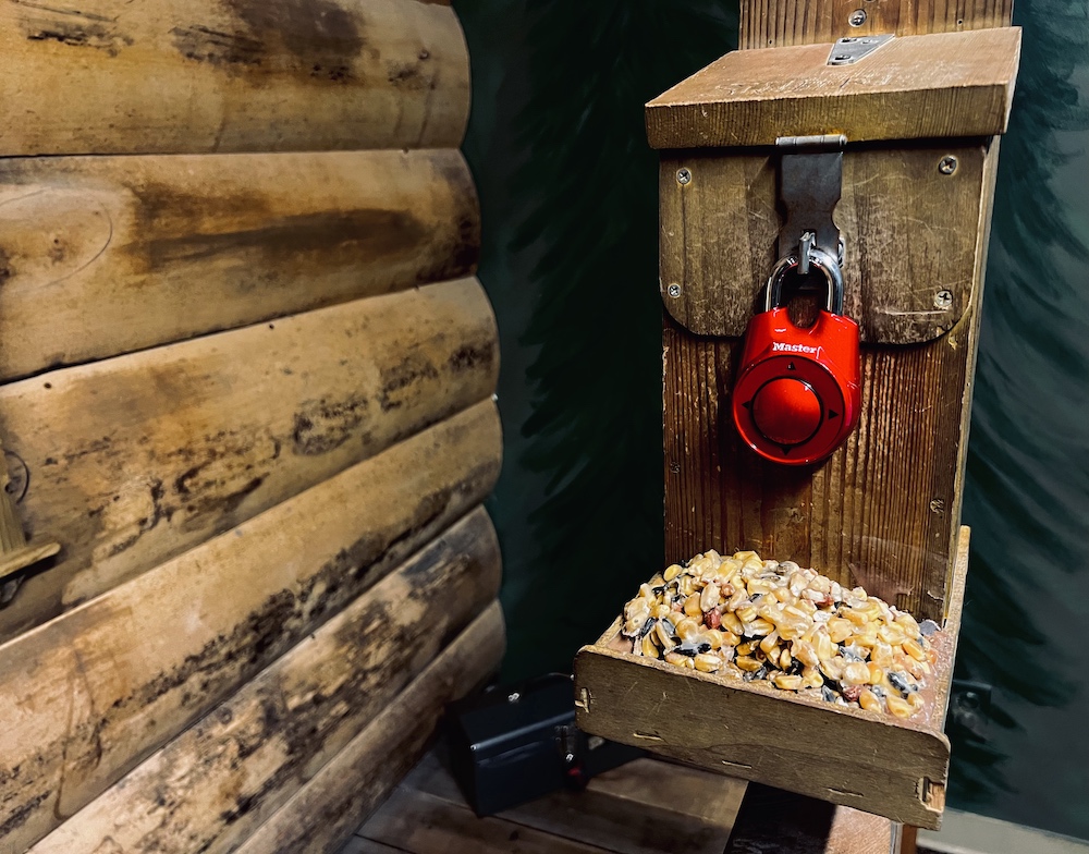 A bird feeder held closed by a directional lock, outside of a cabin.