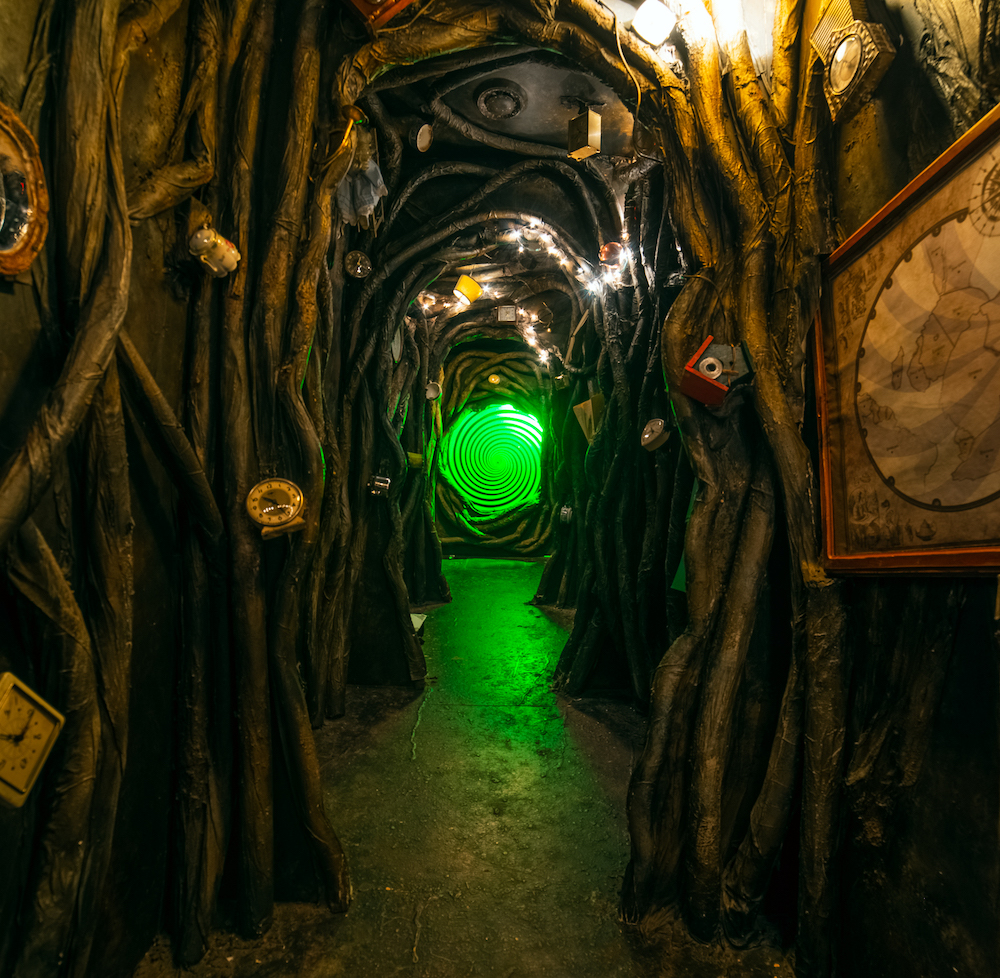 A long rabbit hole surrounded by roots, clocks, and books. At the end of the tunnel is a green and black spiraling pattern.