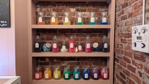 Large shelves with colorful candies on display.