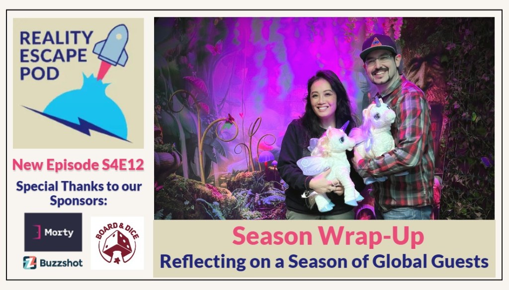 asian woman in black sweatshirt next to caucasian man with glasses and goatee, wearing a hat and plaid shirt. Both are holding stuffed unicorns, in front of an enchanted forest backdrop with a title below that says "Season wrap-up: Reflecting on a Season of Global Guests"
