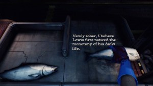 Hands manipulating fish in a fish factory. Text reads, "Newly sober, I believe Lewis first noticed the monotony of his daily life."