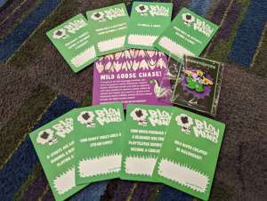 A series of Wild Goose Chase cards beside an enamel pin.