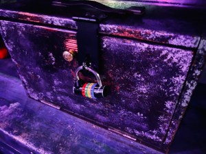 Closeup of a 4 digit combination lock with 4 different colored wheels.