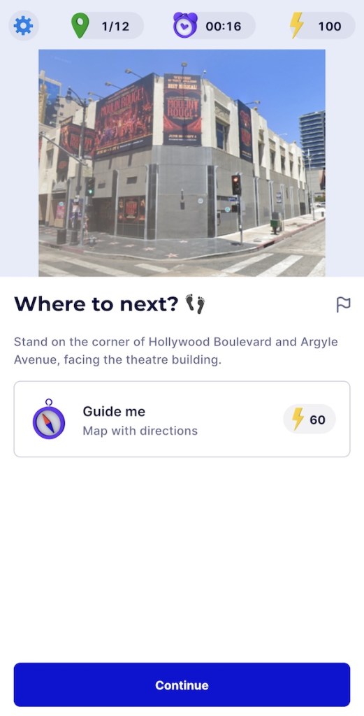 Questo app interface: Prompting the player to the next location.