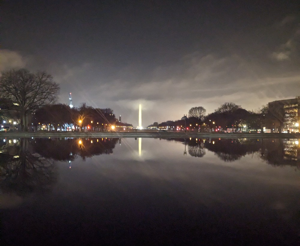 The Washington Monument at night.
