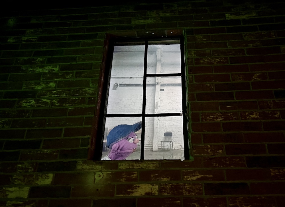 View through the window of a brick building shows a puppet security guard on patrol.