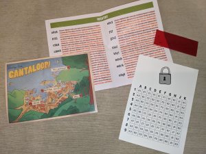 Game components, a red filter, an inventory written in red reveal text, and a page with an illustration of a lock and an alpha-numeric grid.
