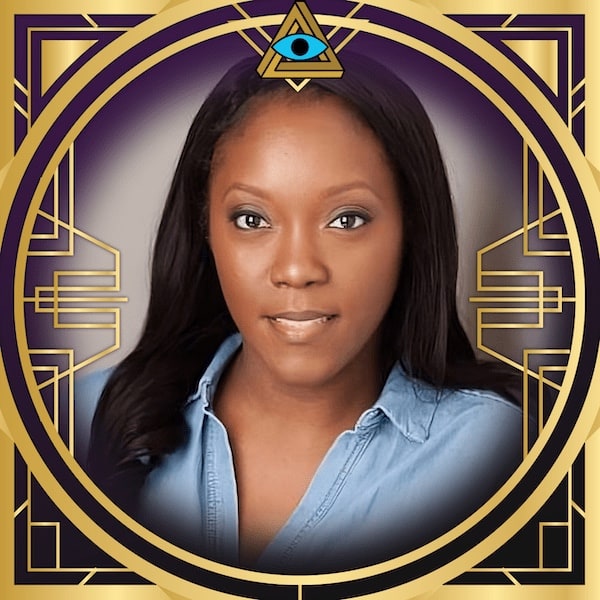 RECON speaker, Brittney Coleman's headshot in a gold, art deco frame with the RECON logo.