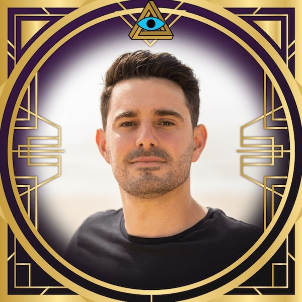 RECON speaker, Dino Paulo's headshot in a gold, art deco frame with the RECON logo.