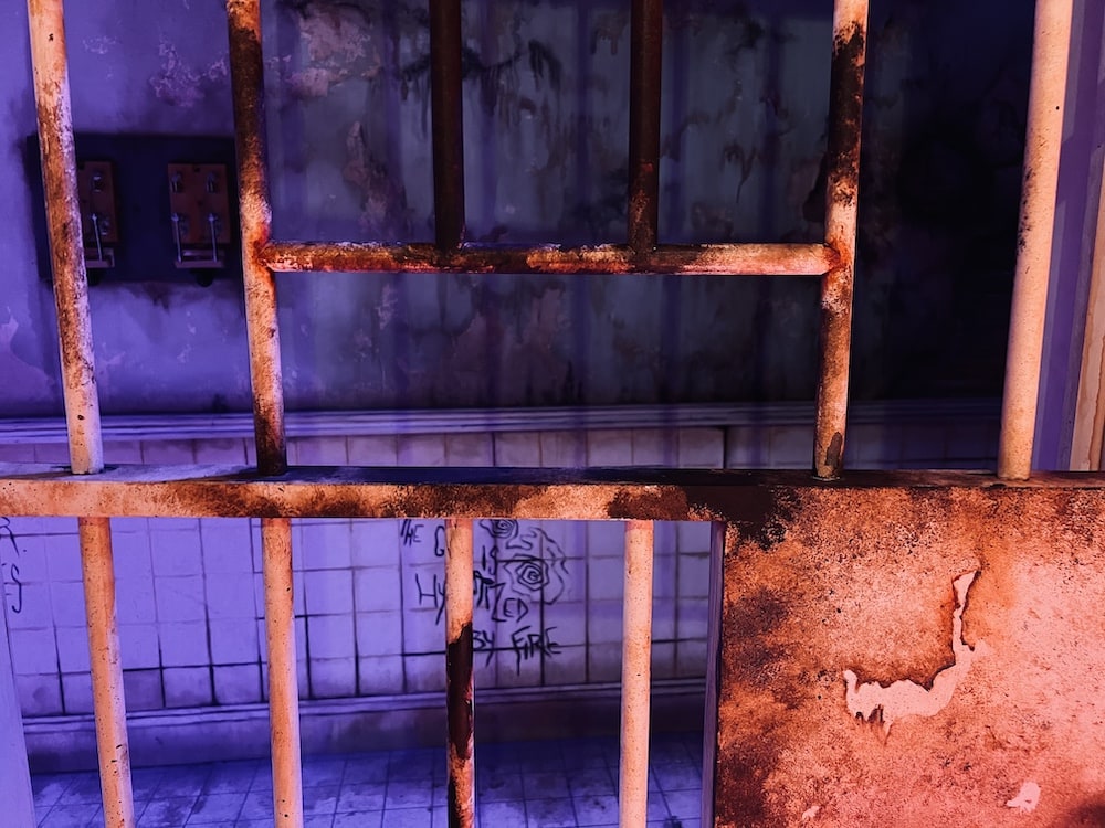 View through a rusting metal asylum cell gate into a decaying hallway.