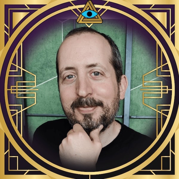 RECON speaker, Gai Bosco's headshot in a gold, art deco frame with the RECON logo.