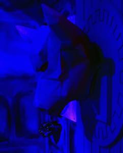 A statue of a dog's head mounted to the wall bathed in blue light.