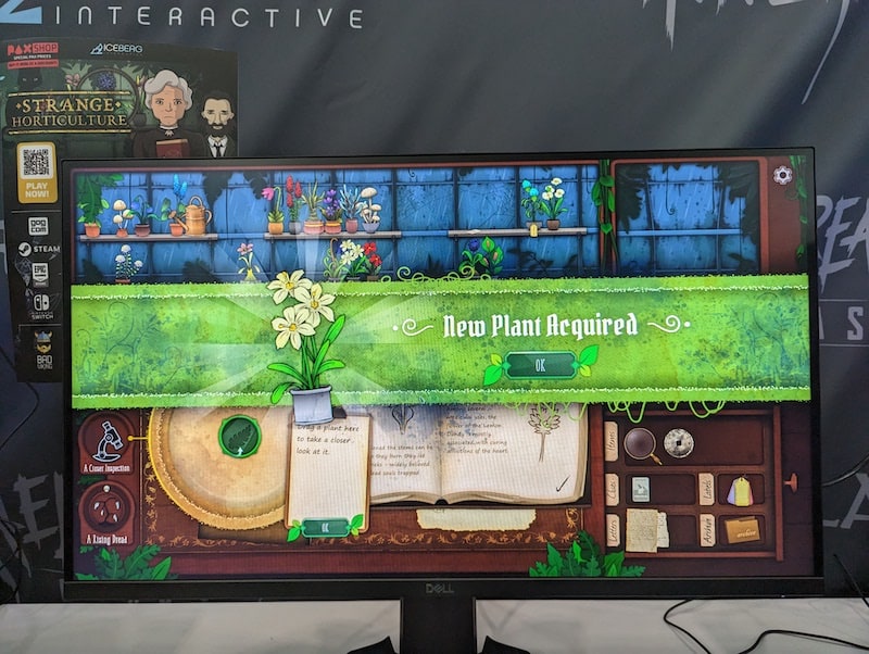 Photo of a monitor playing Strange Horticulture. A message reads, "New Plant Acquired."