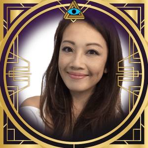 RECON MC, Peih-Gee Law's headshot in a gold, art deco frame with the RECON logo.