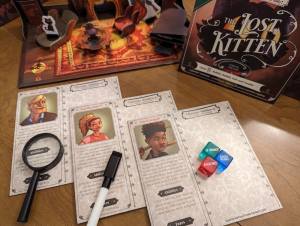 3 characters cards, a magnifying glass, a dry erase marker, and 3 different colored dice.