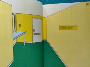Page 28-29, depicting a yellow room with a text box describing the scene: "there's a weird little hallway around the corner. it looks like there's a table on the left, and a door in front of me."
