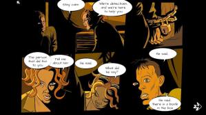 Illustrated comic of a detective character attempting to save a kidnapping victim.