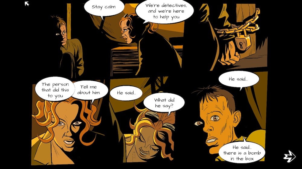 Illustrated comic of a detective character attempting to save a kidnapping victim.