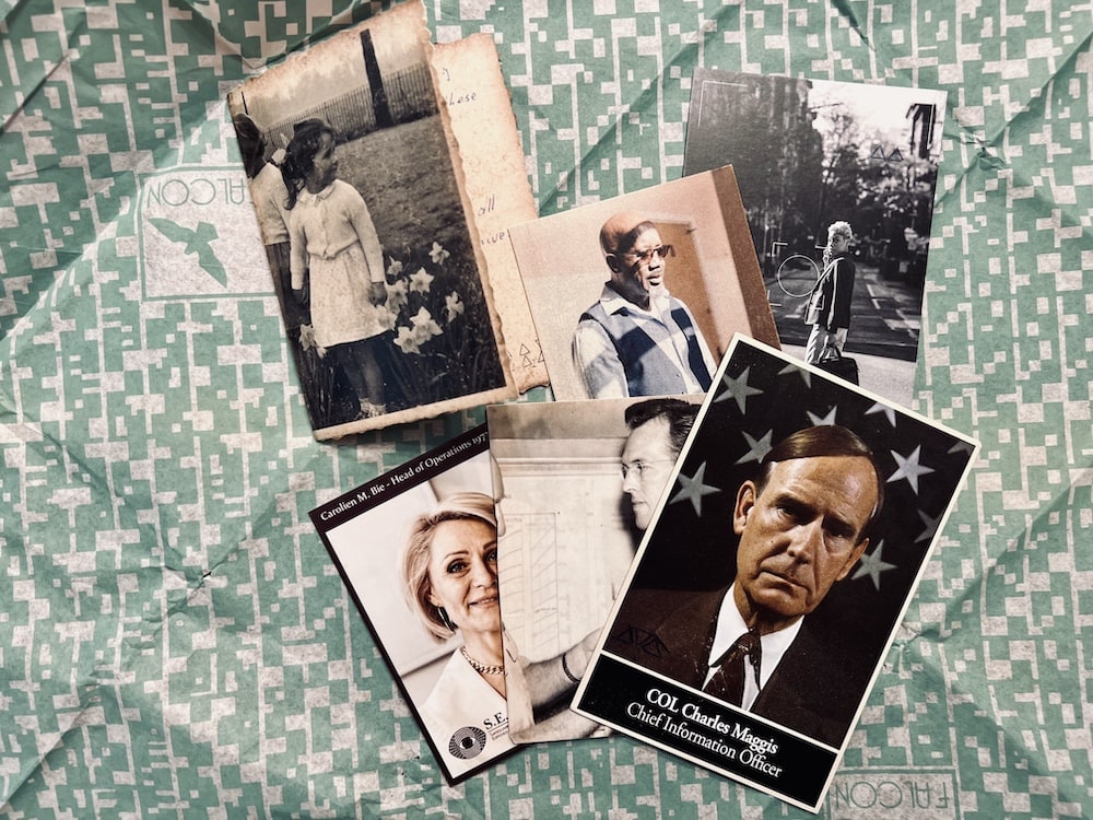 An assortment of photos of various characters sitting on strange green and white tissue-paper.