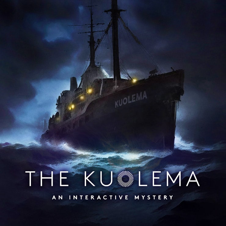 Cover art for The Kuolema depicts a ship named Kuolema on the sea at night. Subtitle reads, "An Interactive Mystery."