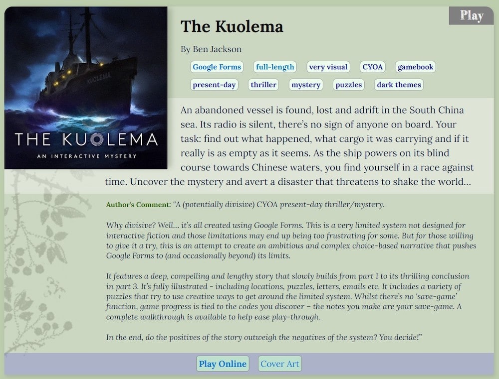 Description and launch page for The Kuolema explains that a vessel is abandoned and adrift in the South China Sea and that you're in a race against time to uncover its mystery and avert a world threatening disaster.