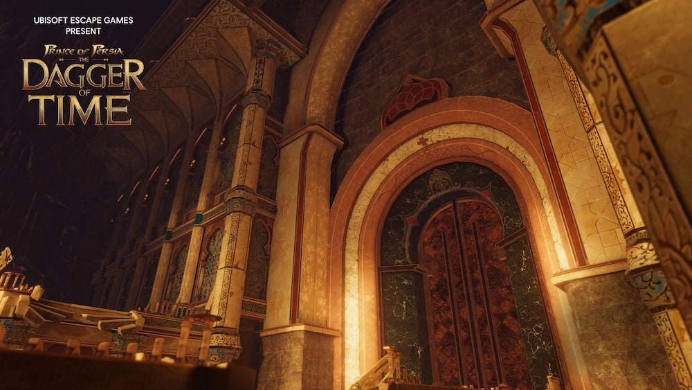 3D rendered environment of a large golden door to a massive temple.