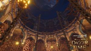 3D rendered environment of massive circular room with large chains coming down from the ceiling. The walls are gilded and beautiful.