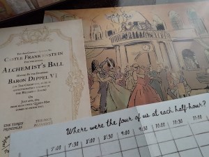 An invitation to the Alchemist's Ball, a drawing of a ballroom, and a chart labeled "Where were the four of us at each half-hour?"