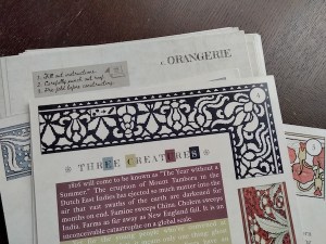 A stack of documents decorated with colorful artwork