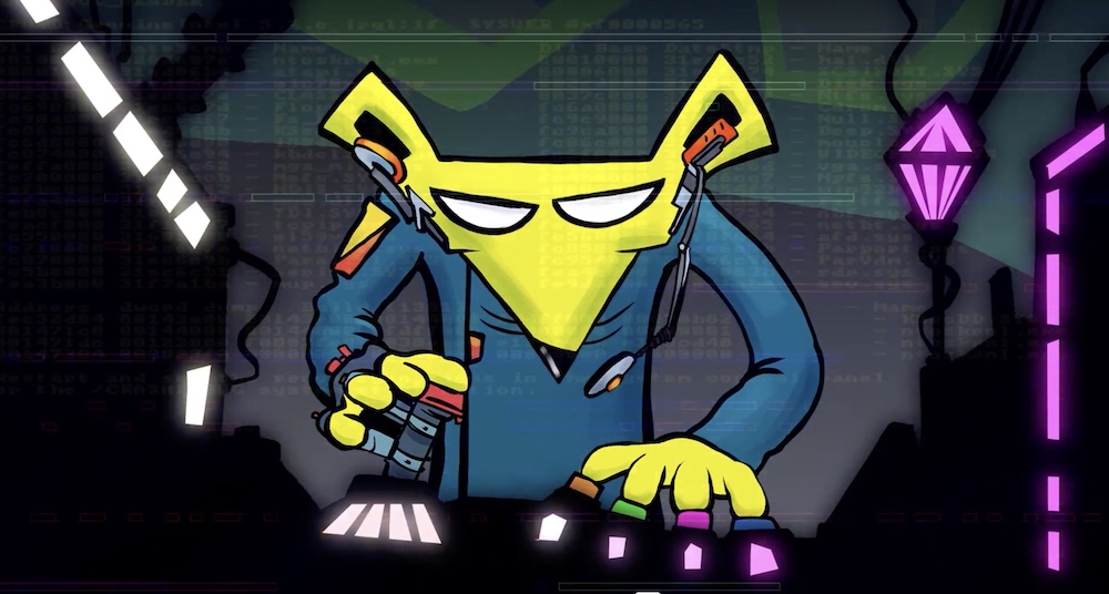 Animation of a cyborg mouse character operating a machine.