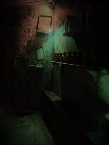 A dark room with strange lights illuminating ominous shelves.