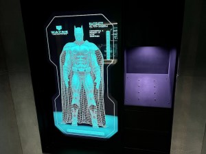 A 3D render of the Batsuit in the Wayne Industries computer.