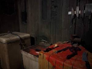 Bloodied knives and bones on a butcher block in a dark cellar.