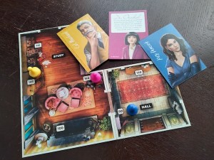 Three pawns on the Hall and Study boards, alongside character cards for Col. Mustard, Dr. Orchid, and Mrs. Peacock.