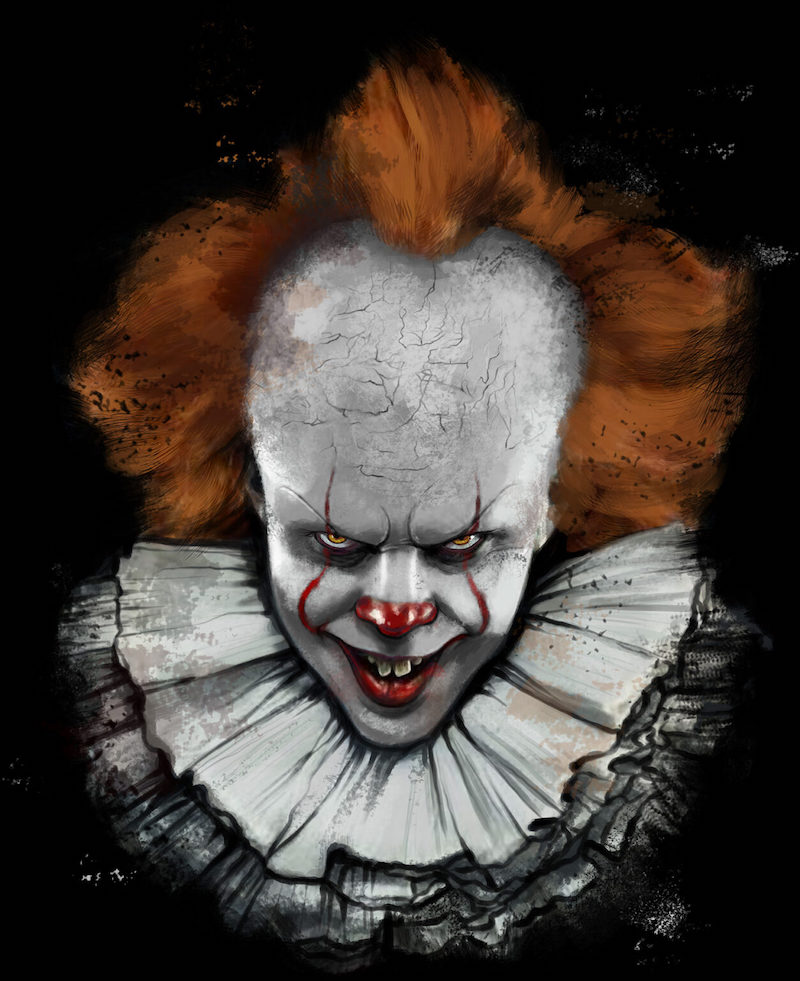 Illustrated portrait of Pennywise the Dancing Clown. The menacing villain of IT.