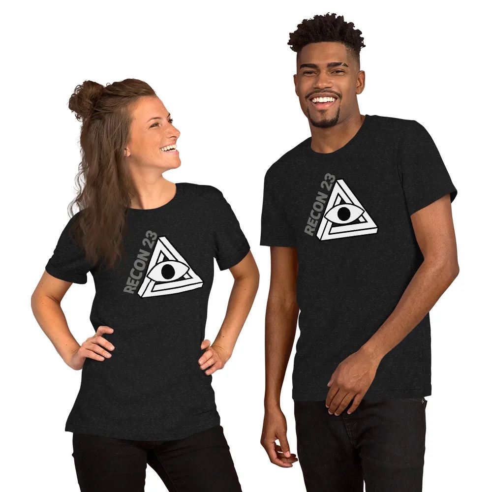 RECON 23 logo on t-shirts modeled by a woman and a man.