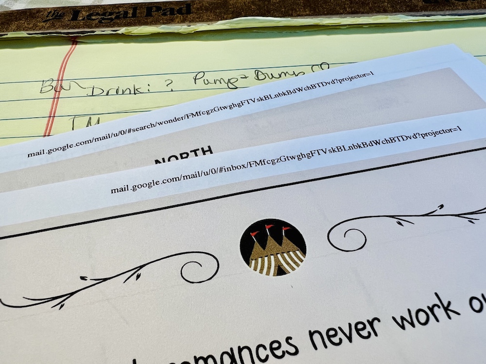 A few printed pages of the Wondercade Whodunit Challenge atop a yellow legal pad with notes about the puzzles.