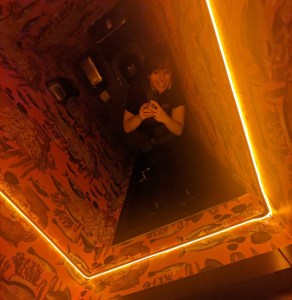 Theresa standing above a toilet, taking a selfie in the full-ceiling mirror over head.
