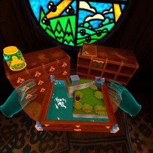 World rendered in VR. Translucent hands manipulating a collection of wooden puzzle boxes and a stained glass window.
