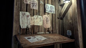 A workbench with strange illustrations of the human body and organs.