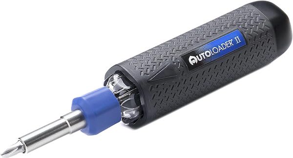 AutoLoader screwdriver with a black and blue handle.