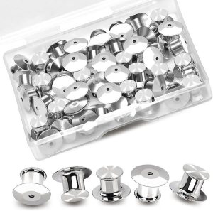 A box of silver locking pin backs.