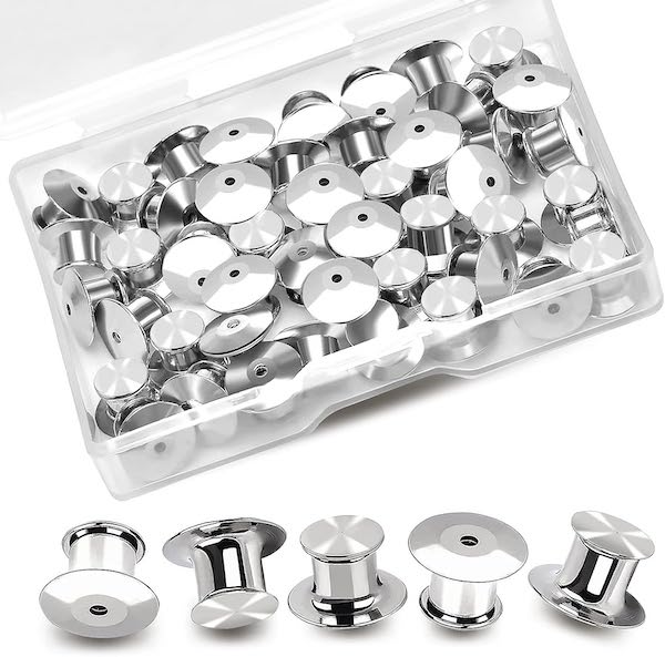 A box of silver locking pin backs.