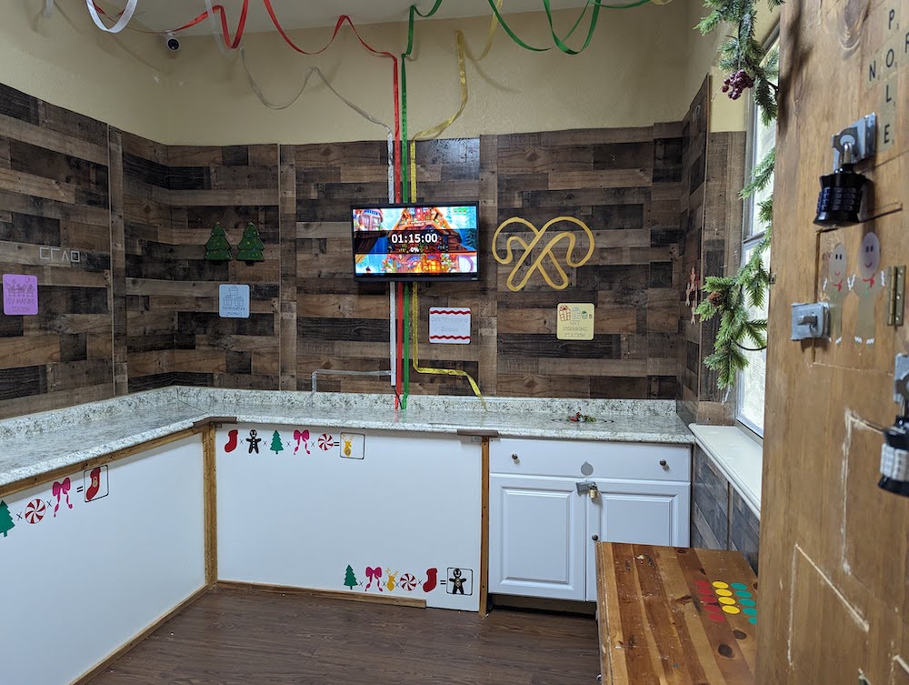 An unusual puzzle filled kitchen with Christmas decorations.
